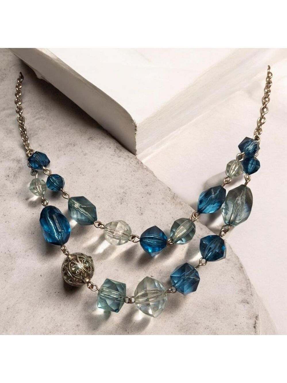 Napier blue faceted beaded necklace Silvertone 19"